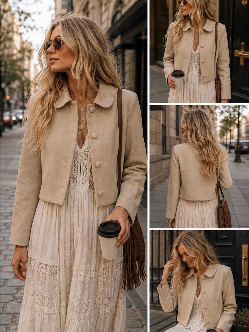 Wayf Beige Suede Rounded-Collar Button Jacket - Picture 2 of 8
